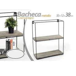 BACHECA PORTA OGGETTI METALLO RETTANGOLARE PARETE 2 MENSOLE LEGNO 32X12X38CM 751967