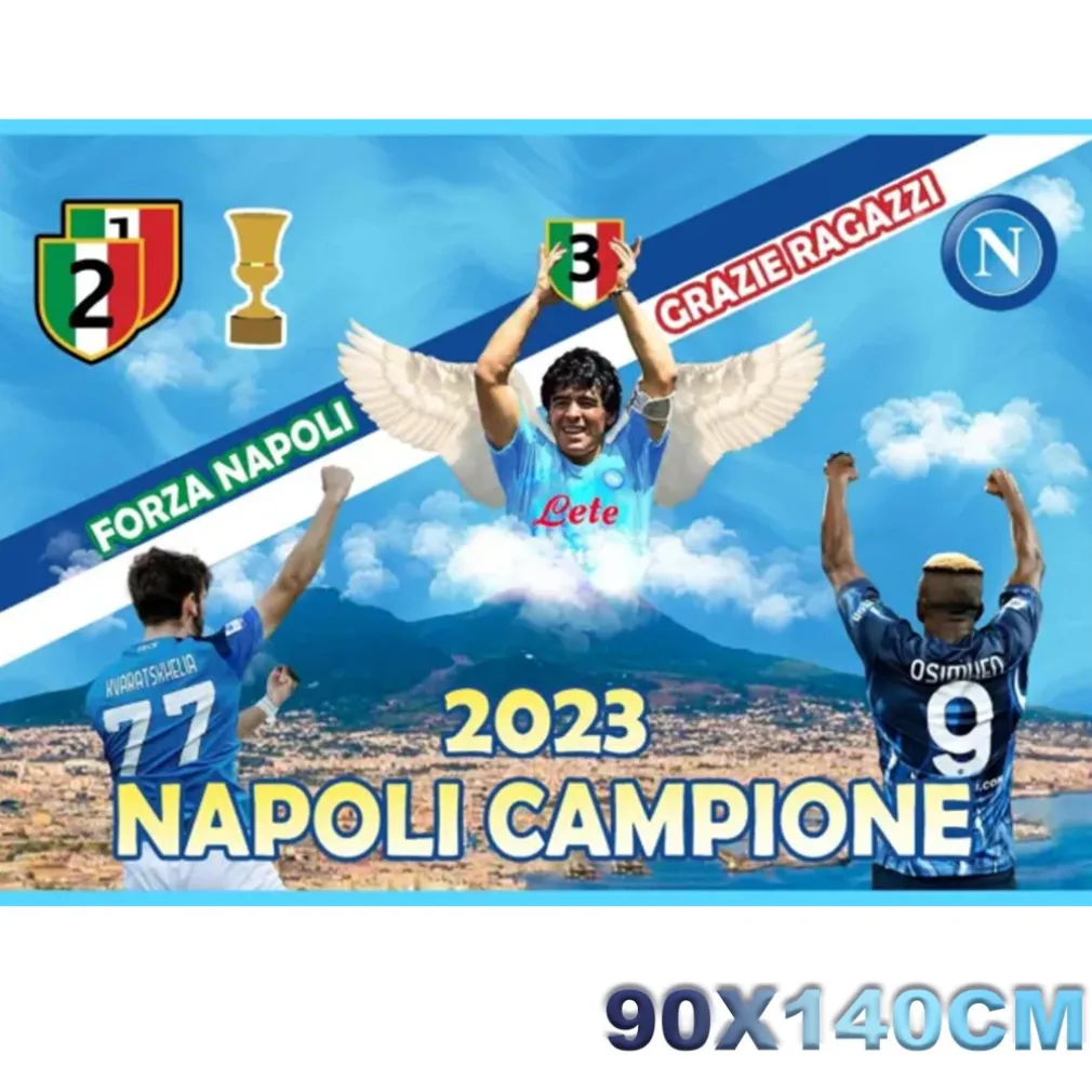 BANDIERA FORZA NAPOLI CAMPIONE D'ITALIA 2023 GRAZIE RAGAZZI SCUDETTO 90x140CM