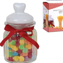 BARATTOLINO IN VETRO CON TAPPO COPERCHIO IN CERAMICA DECORATO FORMA CUORE 250 ML