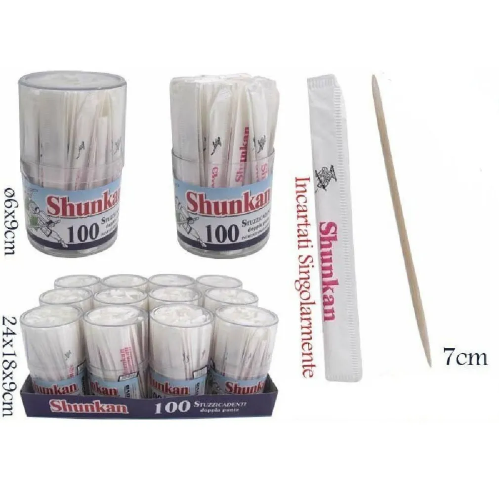 BARATTOLO DA 100 PEZZI STUZZICADENTI IN LEGNO DOPPIA PUNTA CONFEZIONATI