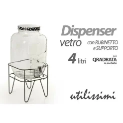 BARATTOLO DISPENSER IN VETRO CON RUBINETTO SUPPORTO 4LT QUADRATA METALLO 796470