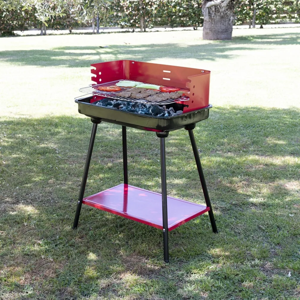 BARBECUE A CARBONELLA CON GRIGLIA REGOLABILE IN ACCIAIO PARAVENTO RIPIANO H82X58X38CM