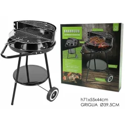 BARBECUE CON RUOTE RIPIANO GRIGLIA TONDA IN ACCIAIO FORNACELLA A CARBONE PER CARNE PESCE