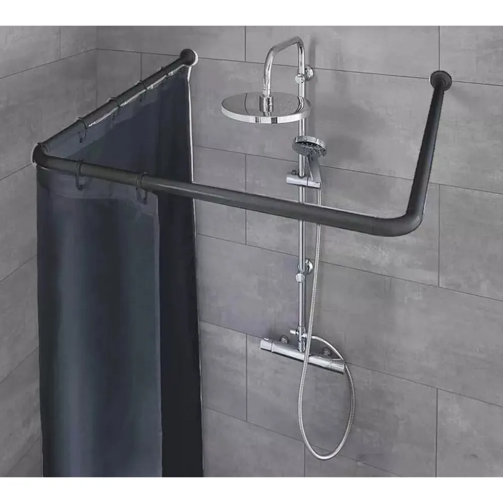 BASTONE ASTA PER TENDA DOCCIA BARRA A U TRE LATI ANGOLARE NERA 90X90X90 CM 87234