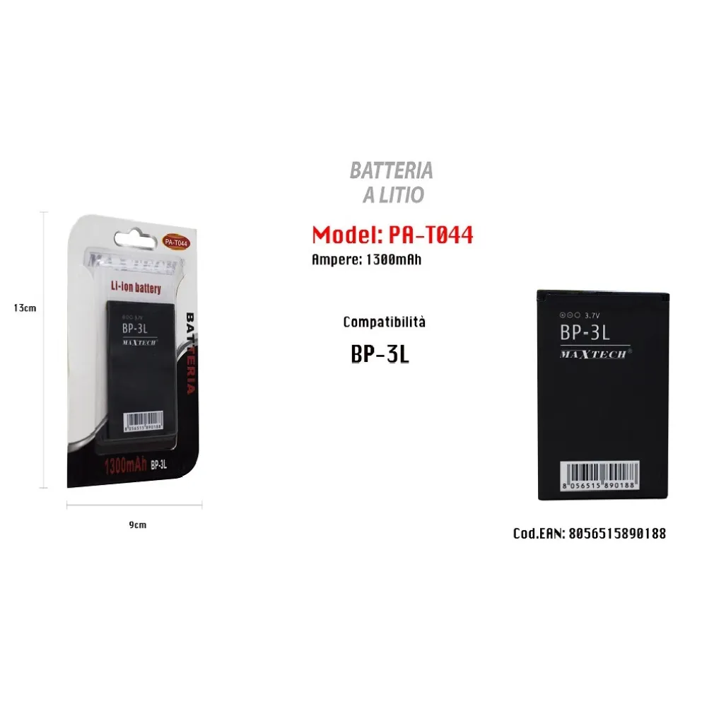 BATTERIA A LITIO COMPATIBILE CON BP-3L 1300MAH 3,7V CELLULARE MAXTECH PA-T044