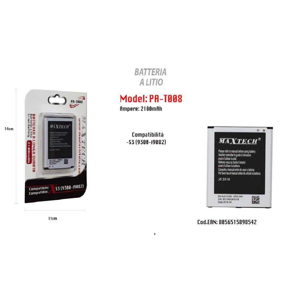 BATTERIA A LITIO PER S3 COMPATIBILE CELLULARE SMARTPHONE 2100 MAH MAXTECH PA-T008