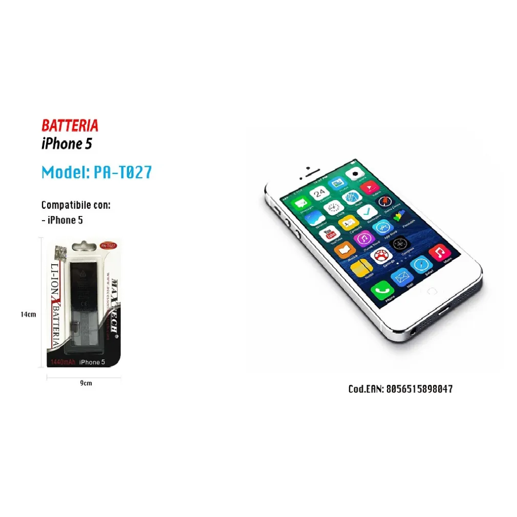 BATTERIA COMPATIBILE PER IPHONE 5 RICAMBIO SMARTPHONE 1440MAH MAXTECH PA-T027