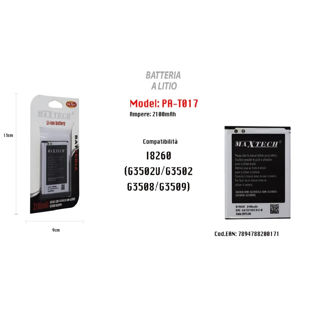 BATTERIA COMPATIBILE SAMSUNG GALAXY TREND 3 I8260 MAXTECH LI-ION BATTERY 2100MAH PA-T017