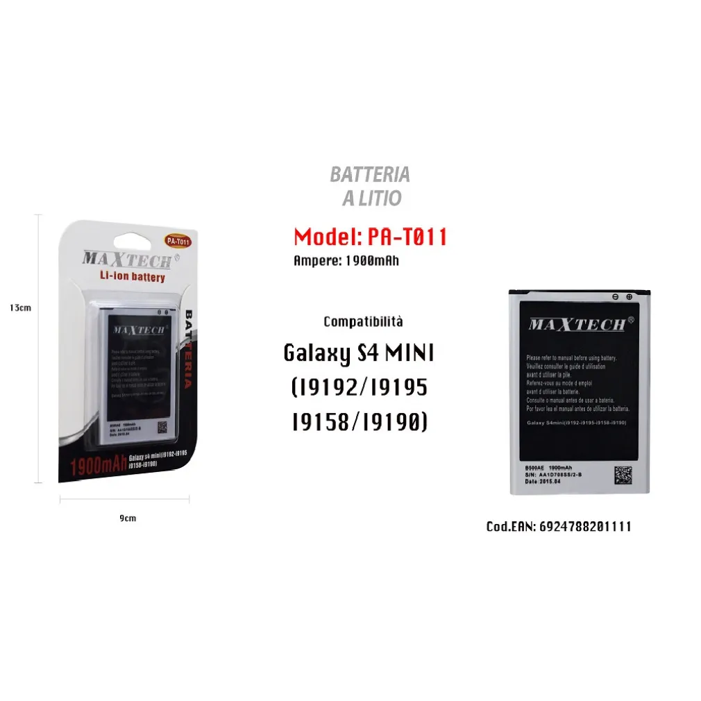 BATTERIA GALAXY S4 MINI A LITIO CELLULARE SMARTPHONE RICAMBIO 1900MAH MAXTECH PA-T011