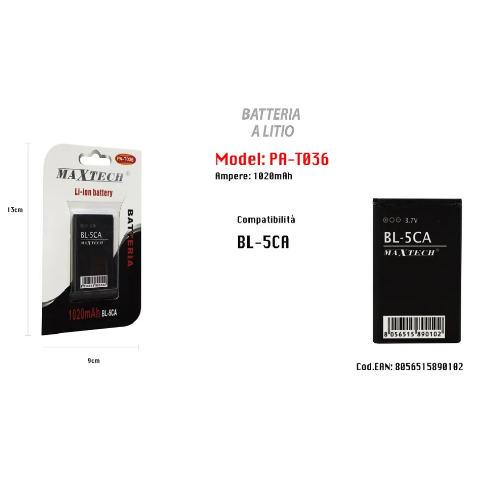 BATTERIA LITIO COMPATIBILE CON BL-5CA 1020MAH SMARTPHONE CELLULARE MAXTECH PA-T036