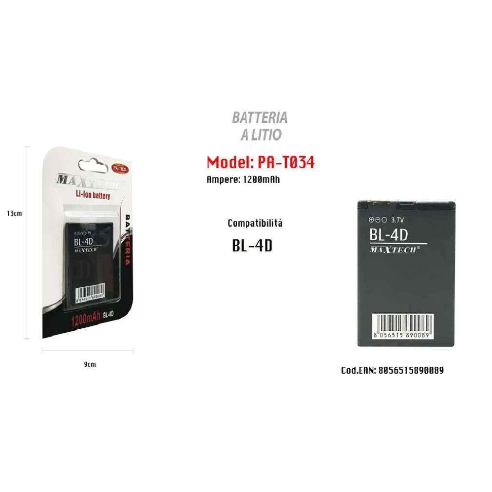 BATTERIA LITIO COMPATIBILE PER BL-4D SMARTPHONE 1200 MAH 3.7V MAXTECH PA-T034
