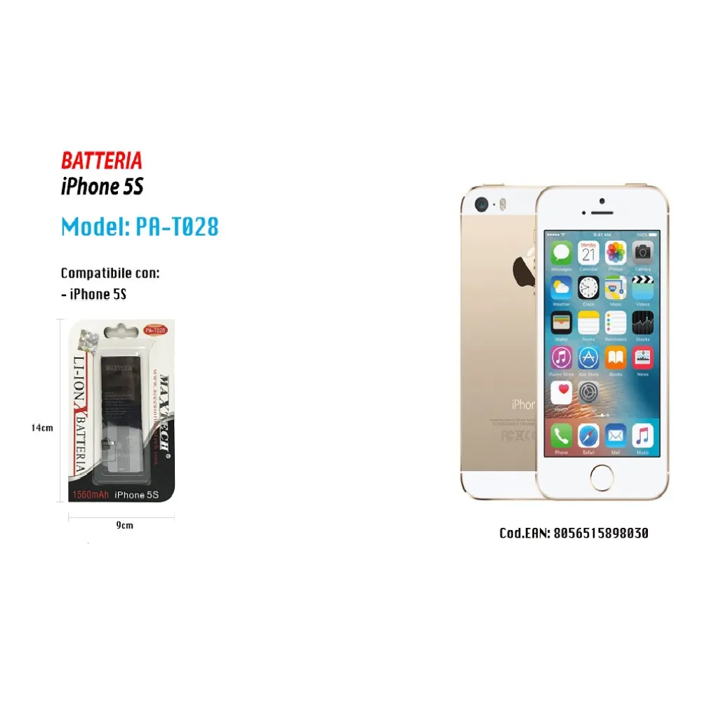 BATTERIA PER IPHONE 5S SMARTPHONE INTERNA DI RICAMBIO 1560MAH MAXTECH PA-T028