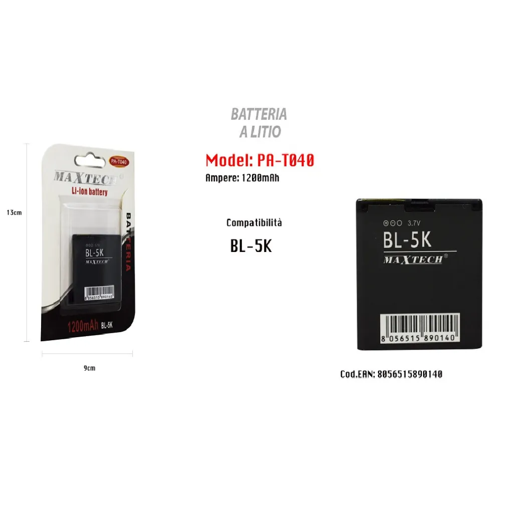 BATTERIA PER TELEFONO COMPATIBILE CON BL-5K 1200 MAH LI-ION 3,7V MAXTECH PA-T040