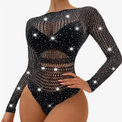 BODY CON STRASS IN RETE TRASPARENTE SEXY DONNA INTIMO IN PIZZO LINGERIE BABYDOLL