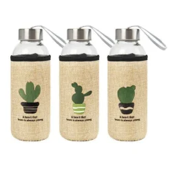 BORRACCIA DI VETRO BOTTIGLIA 400ML CON COPRIBOTTIGLIA FANTASIE CACTUS ASS 221428