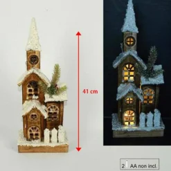 CAMPANILE LEGNO INNEVATO CON LUCI GIALLE ALTEZZA 41 CM DECORAZIONI NATALIZIE