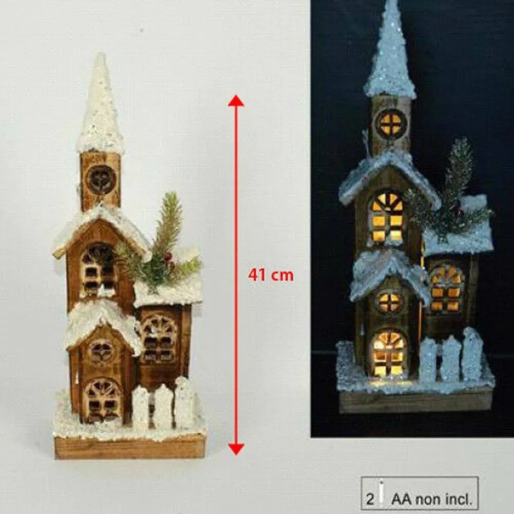 CAMPANILE LEGNO INNEVATO CON LUCI GIALLE ALTEZZA 41 CM DECORAZIONI NATALIZIE