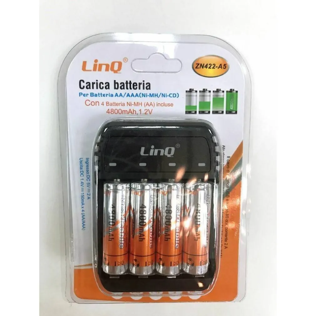 CARICA BATTERIE PILE AA AAA 4 SLOT ZN422-A5 + 4 PILE STILO 4800MHA RICARICABILI