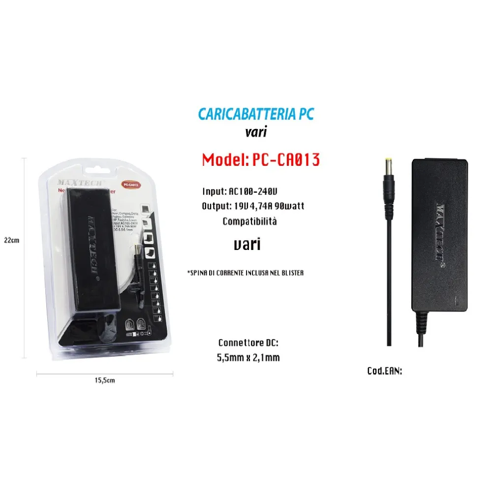 CARICABATTERIA ALIMENTATORE PC NOTEBOOK 19V 90W BATTERIA RICAMBIO MAXTECH PC-CA013