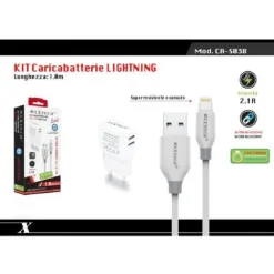 CARICABATTERIA CARICATORE 2 PORTE USB 2.1A + CAVO LIGHTNING 1 MT MAXTECH CA-S038