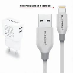 CARICABATTERIA CARICATORE 2 PORTE USB 2.1A + CAVO LIGHTNING 1 MT MAXTECH CA-S038