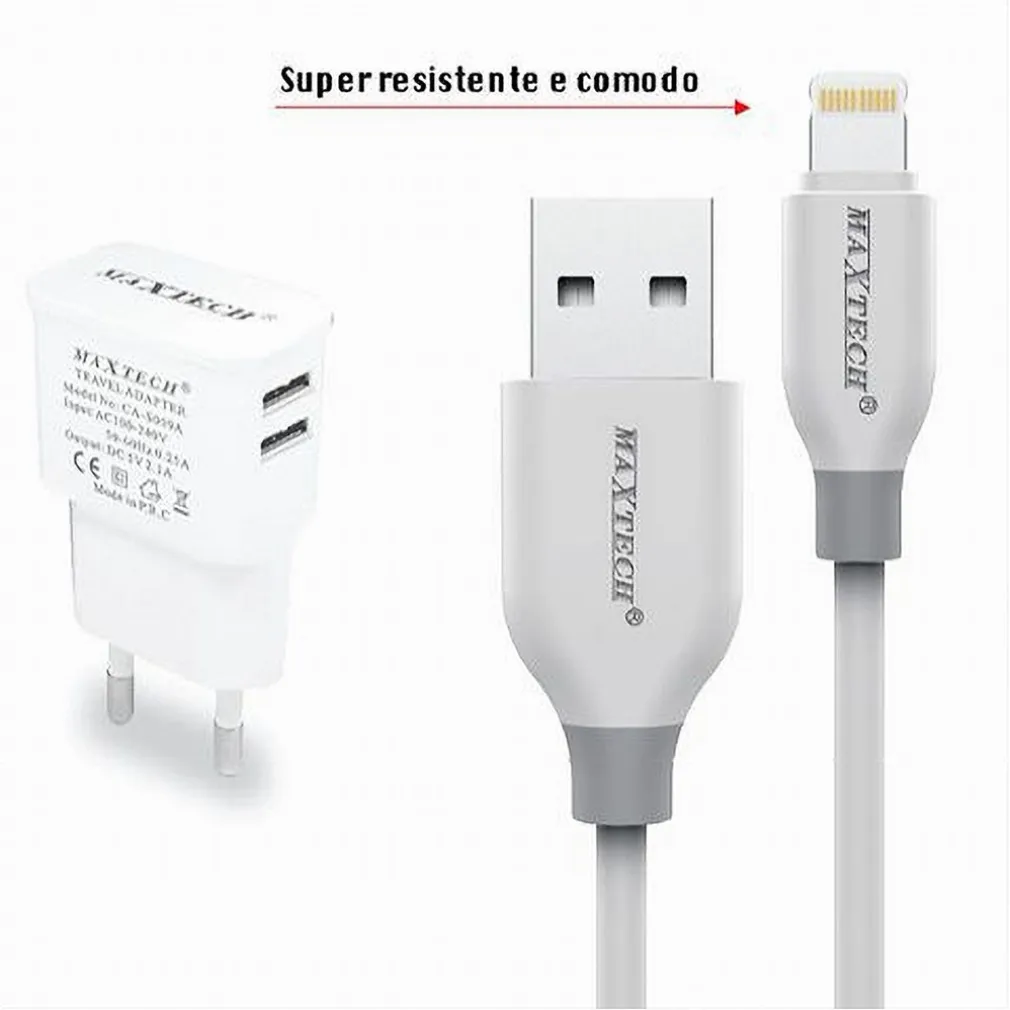CARICABATTERIA CARICATORE 2 PORTE USB 2.1A + CAVO LIGHTNING 1 MT MAXTECH CA-S038