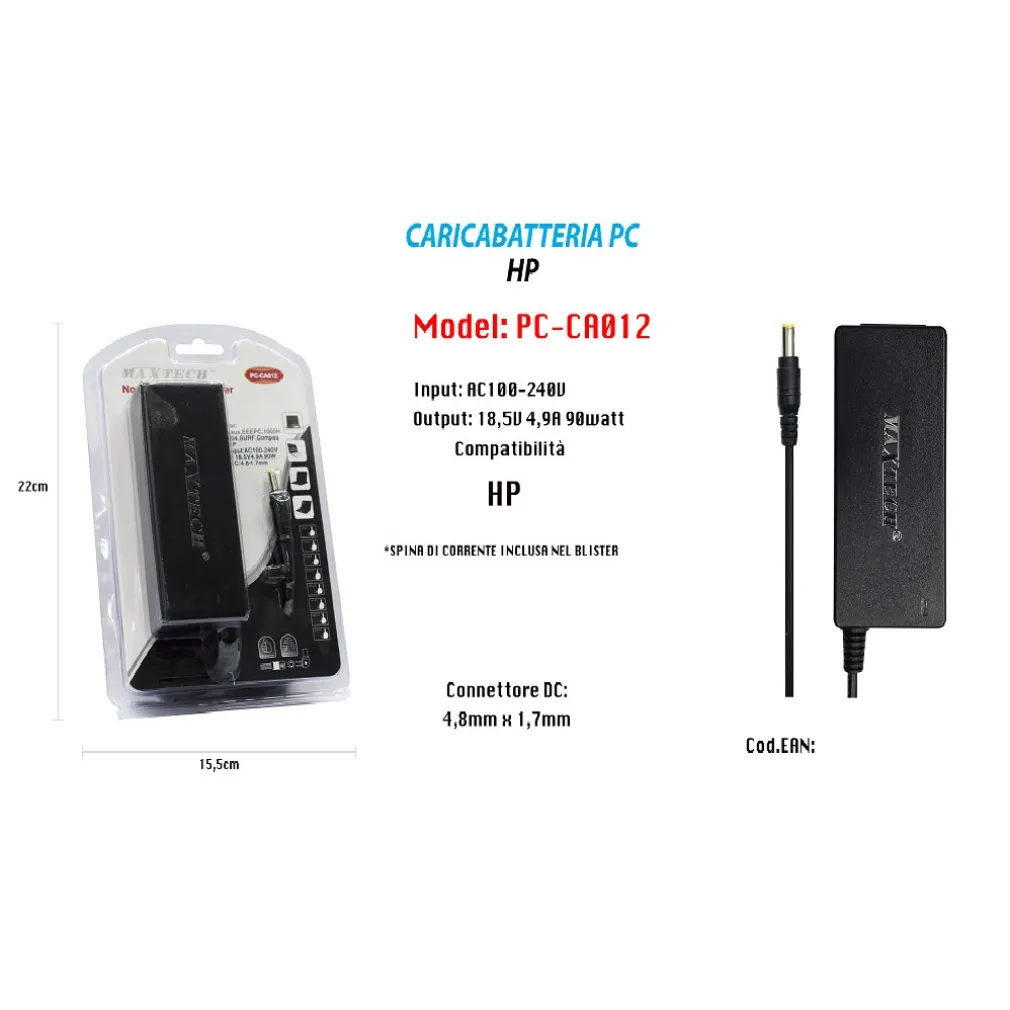 CARICABATTERIA PC ALIMENTATORE BATTERIA RICAMBIO 18,5V 4,9A 90W MAXTECH PC-CA012