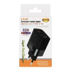 CARICABATTERIA RAPIDO DOPPIO 65W USB QUICK CHARGE 3.0 + TYPE-C POWER DELIVERY AC6563