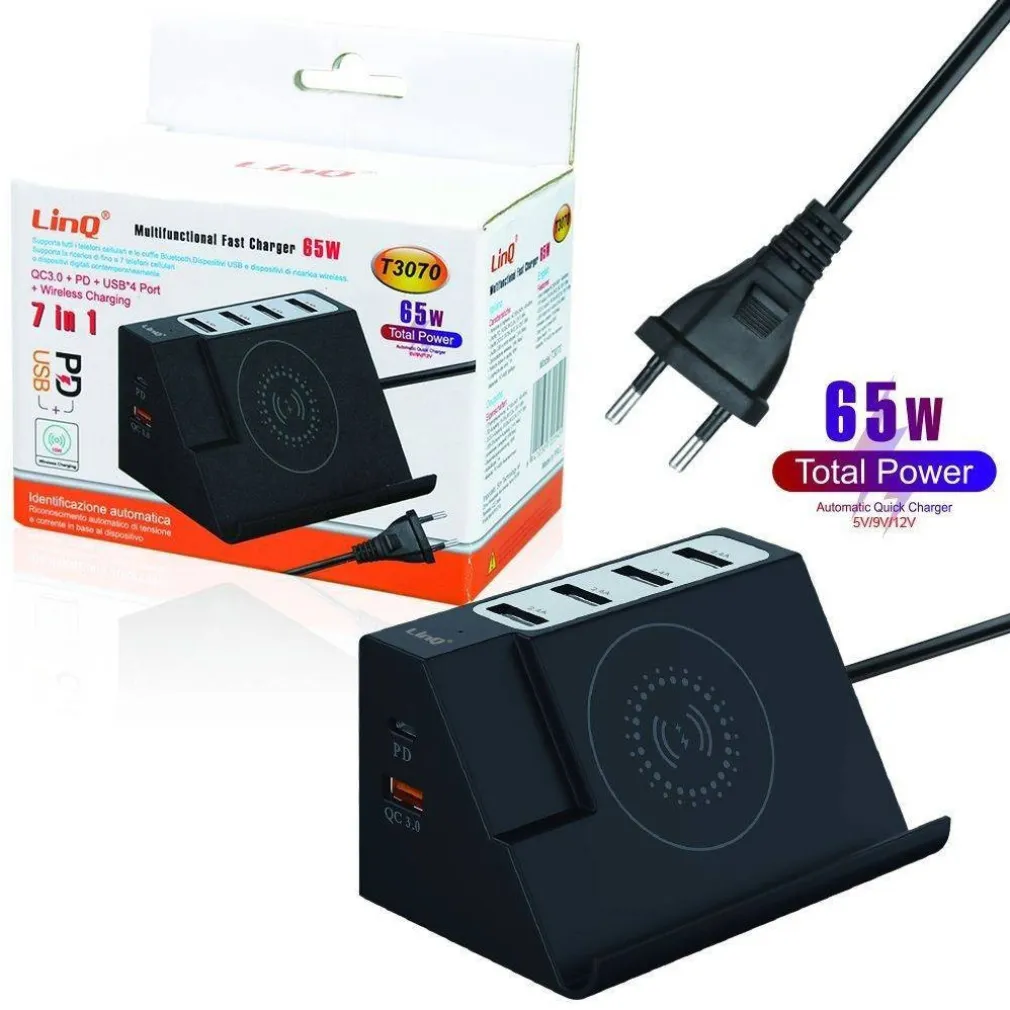 CARICABATTERIE MULTIFUNZIONE 7 IN 1 65W RICARICA 4 USB WIRELESS QC 3.0 PD T3070