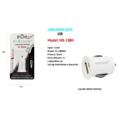 CARICATORE AUTO CARICABATTERIA PRESA UNIVERSALE USB 2A SMARTPHONE IPOD 5V-1500MA MAXTECH MA-C004