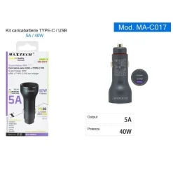 CARICATORE CARICABATTERIA PER AUTO USB / TYPE-C PD 5A SUPERCHANGE 40WATT MA-C017