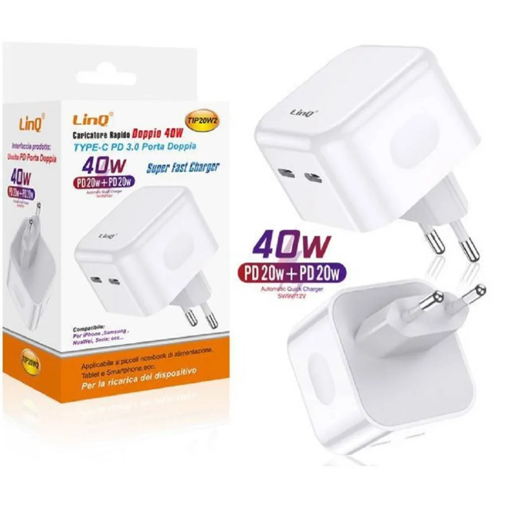 CARICATORE DOPPIO TYPE-C PD 3.0 40W TIP20W2 CARICABATTERIE UNIVERSALE RAPIDO