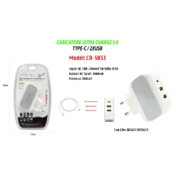 CARICATORE ULTRA CHARGE 3.0 TYPE-C/2XUSB RICARICA PER SMARTPHONE 5V-3000MA MAXTECH CA-S033