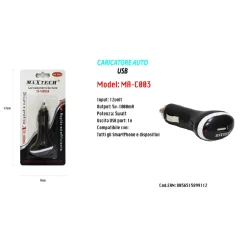 CARICATORE UNIVERSALE DA AUTO CAVO PRESA ACCENDISIGARI 5V-1000MA USB 2.0 MAXTECH MA-C003