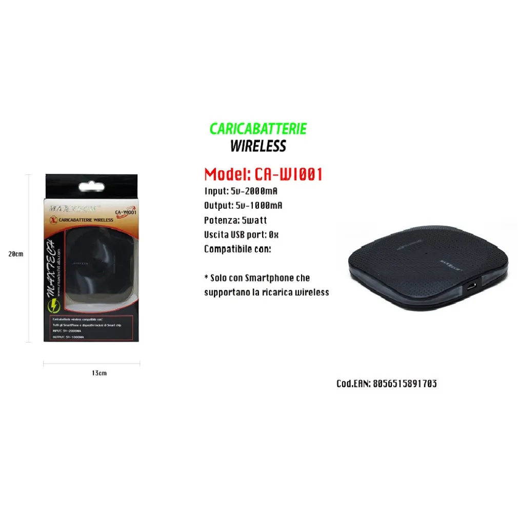 CARICATORE WIFI WIRELESS RICARICA PORTATILE SMARTPHONE 5V-2000MA MAXTECH CA-WI001