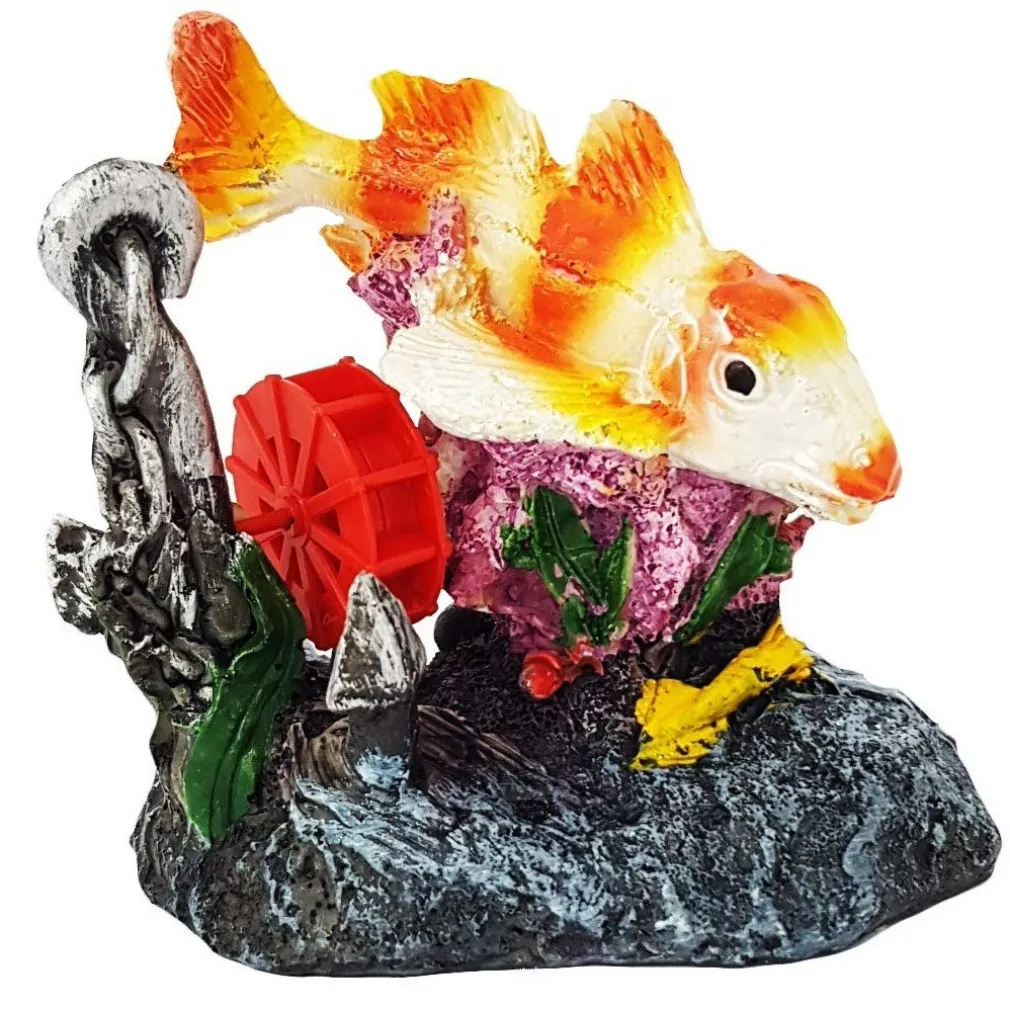 CARPA CON MULINO ORNAMENTO PER ACQUARIO ANCORA ROCCIA 10.5X12X8.5 CM DECORAZIONI