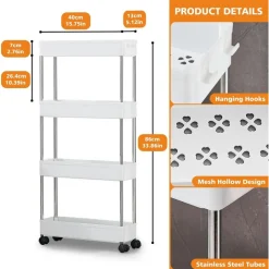 CARRELLO PORTAOGGETTI 4 LIVELLI SALVASPAZIO A 4 RUOTE SCAFFALE PER CUCINA BAGNO