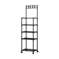 CARRELLO PORTAOGGETTI A 5 RIPIANI SCAFFALE MULTIUSO CON RUOTE GANCI PER CUCINA BAGNO NERO