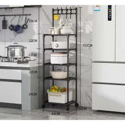 CARRELLO PORTAOGGETTI A 5 RIPIANI SCAFFALE MULTIUSO CON RUOTE GANCI PER CUCINA BAGNO NERO