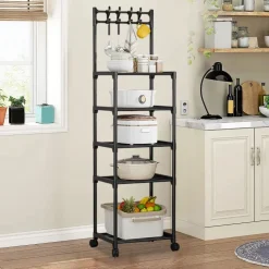 CARRELLO PORTAOGGETTI A 5 RIPIANI SCAFFALE MULTIUSO CON RUOTE GANCI PER CUCINA BAGNO NERO
