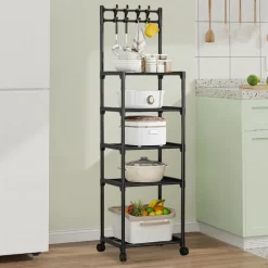 CARRELLO PORTAOGGETTI A 5 RIPIANI SCAFFALE MULTIUSO CON RUOTE GANCI PER CUCINA BAGNO NERO