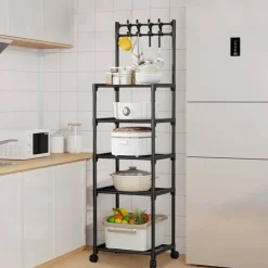 CARRELLO PORTAOGGETTI A 5 RIPIANI SCAFFALE MULTIUSO CON RUOTE GANCI PER CUCINA BAGNO NERO