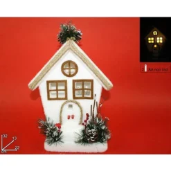 CASETTA CON RAMETTI BACCHE E PIGNE CON LUCE A PILE 32CM DECORAZIONI NATALIZIE