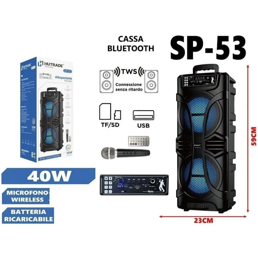 CASSA AMPLIFICATA SP-53 40W KARAOKE BLUETOOTH CON MICROFONO PORTATILE WIRELESS TROLLEY