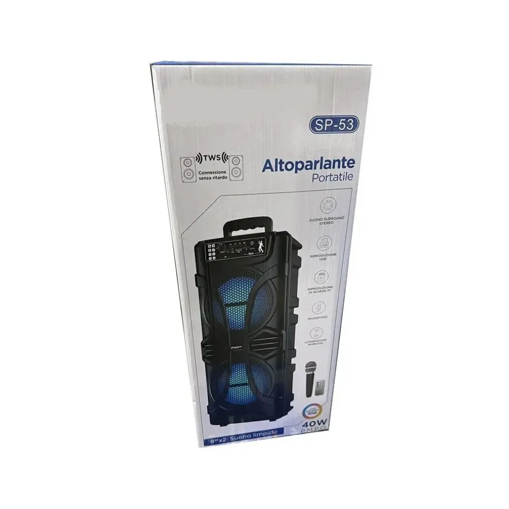 CASSA AMPLIFICATA SP-53 40W KARAOKE BLUETOOTH CON MICROFONO PORTATILE WIRELESS TROLLEY