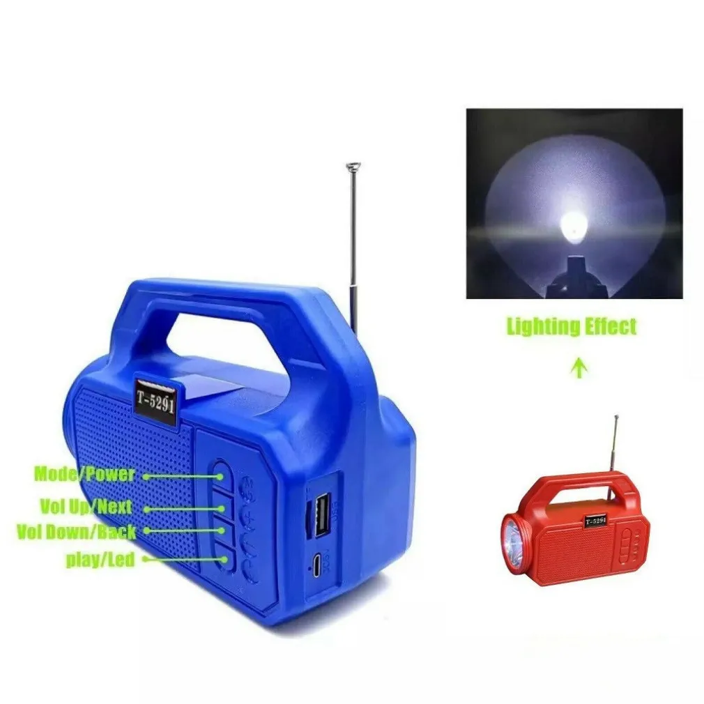 CASSA PORTATILE BLUETOOTH RADIO USB MICROSD 5W PANNELLO SOLARE TORCIA LED T-5291