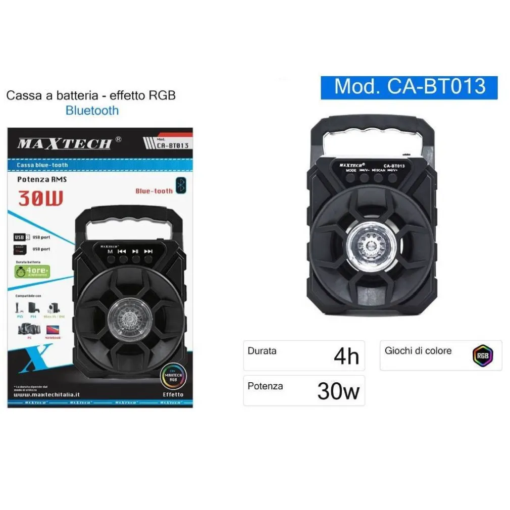 CASSA SPEAKER BLUETOOTH PORTATILE CON LUCI RGB 30W CA-BT013 ALTOPARLANTE BATTERIA