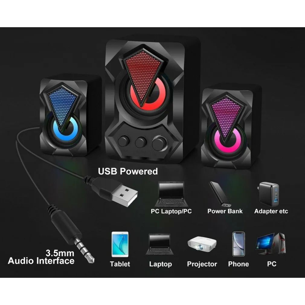 CASSE AUDIO 2.0 AUX USB ALTOPARLANTI SUBWOOFER RGB PER PC NOTEBOOK 5+3 W AB-D391