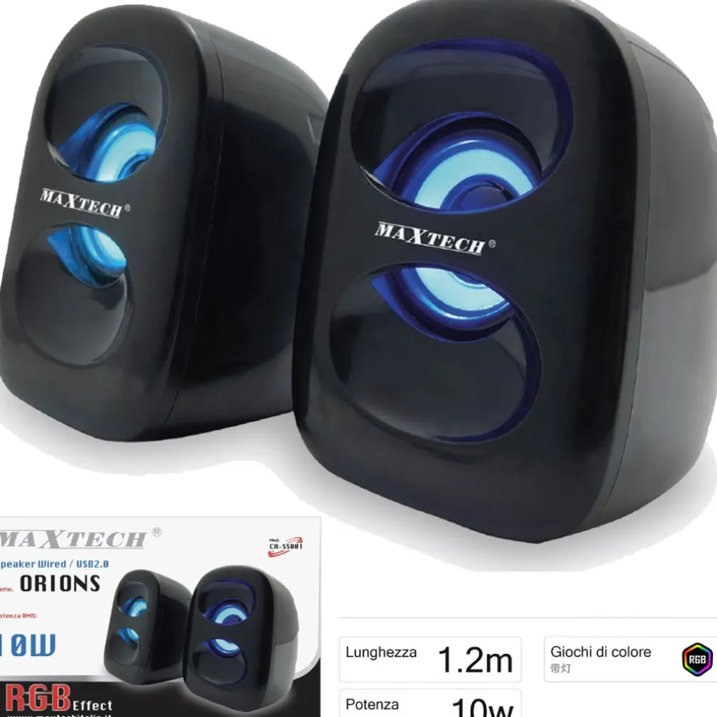CASSE PC AUDIO SPEAKER 10W CON LUCE RGB PORTATILI ALTOPARLANTI MAXTECH CA-SS001