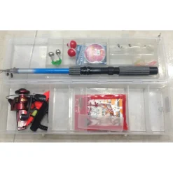 CASSETTA COMPLETA KIT CANNA DA PESCA MULINELLO ESCHE ARTIFICIALI GALLEGGIANTE